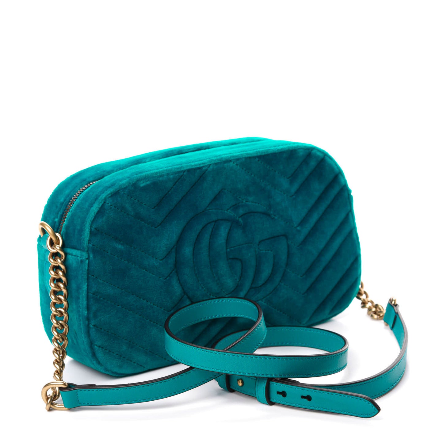 Velvet Matelasse Small GG Marmont Chain Shoulder Bag Pavone Cyan