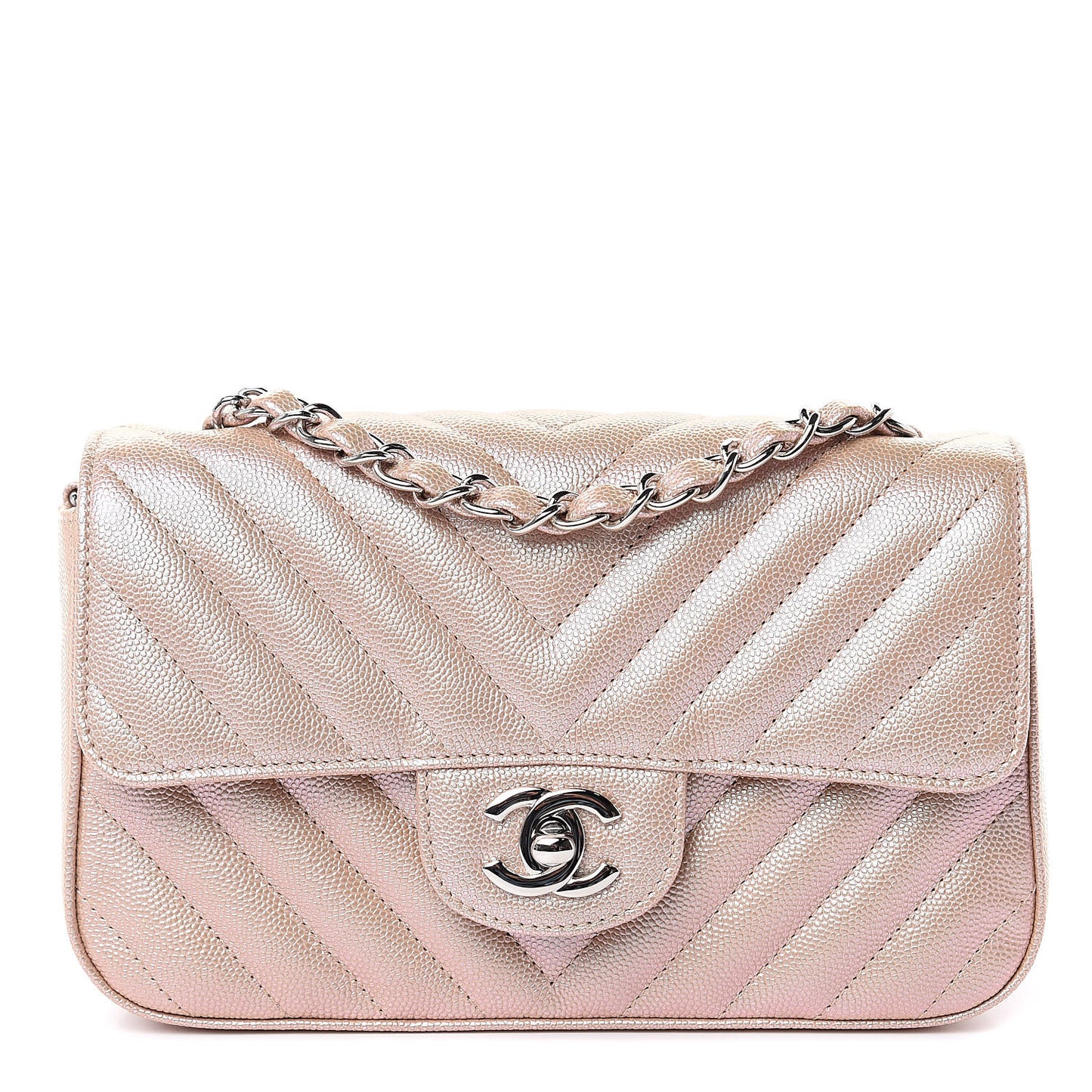 Iridescent Caviar Chevron Quilted Mini Rectangular Flap Light Gold