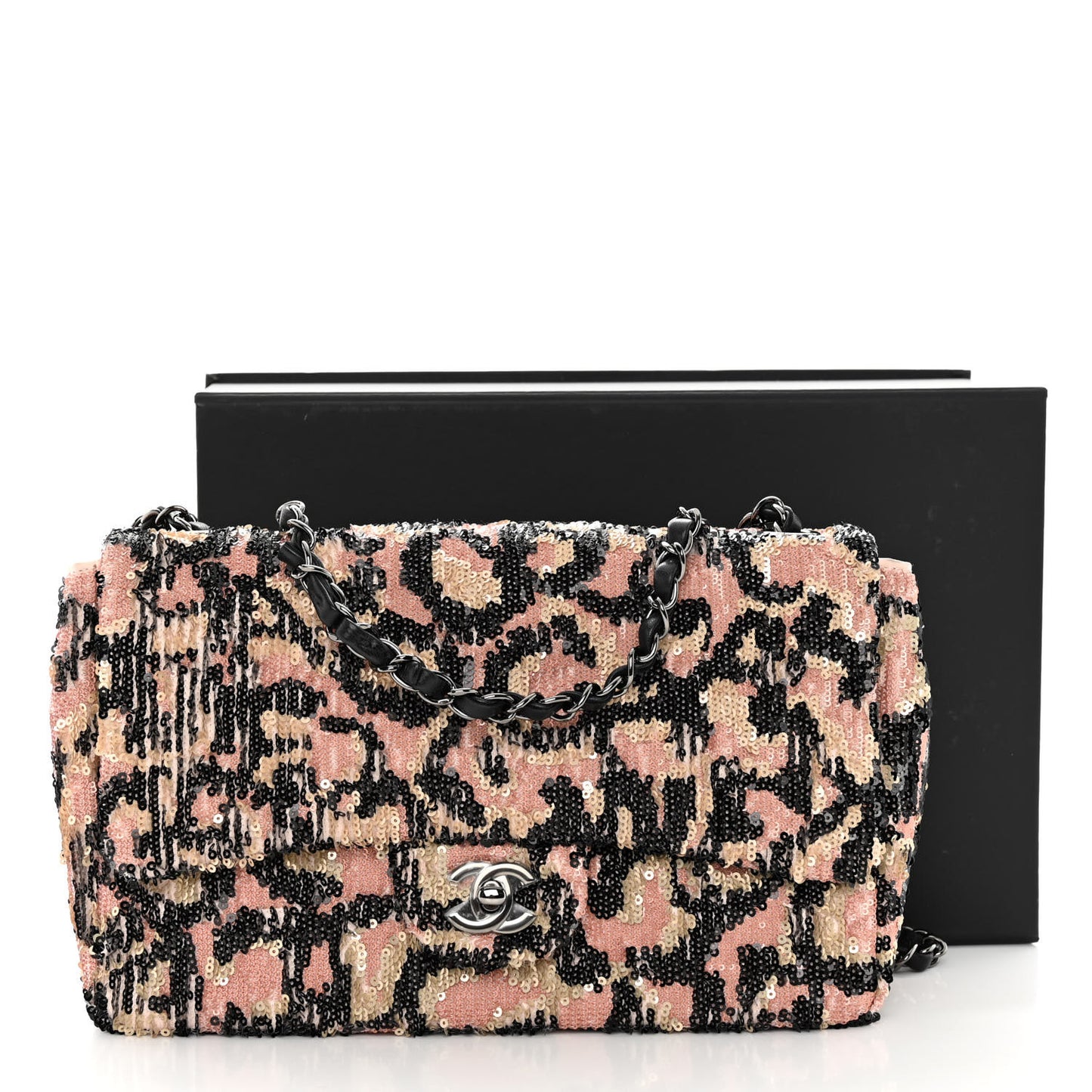 Sequin Leopard Print Quilted Medium Single Flap Pink Gold