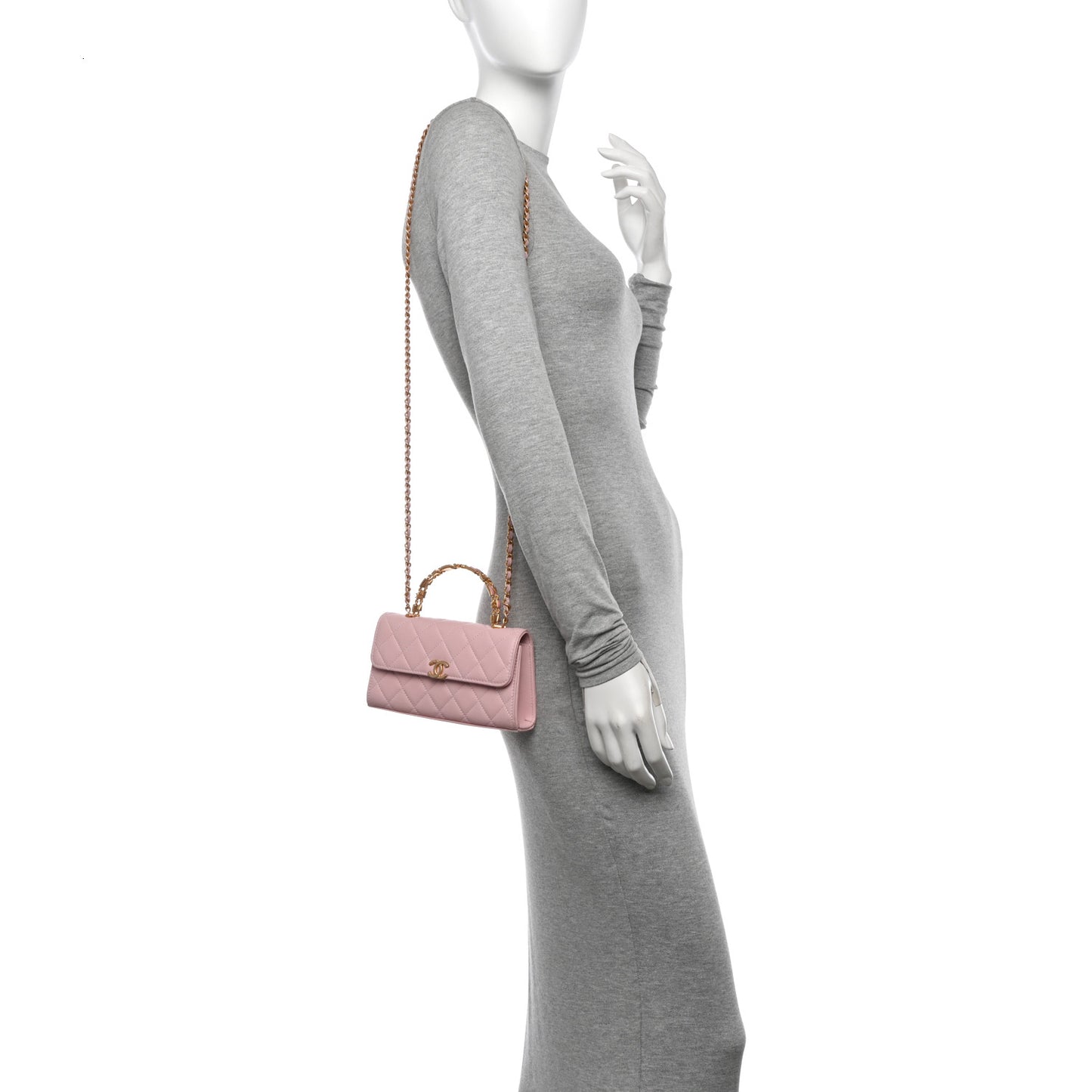 Lambskin Enamel Quilted Top Handle Flap Phone Holder With Chain Pink