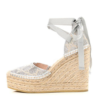 Gucci Lame GG Monogram Ankle Wrap Platform Espadrille Wedges 37 Silver Beige Light Grey 1 of 9