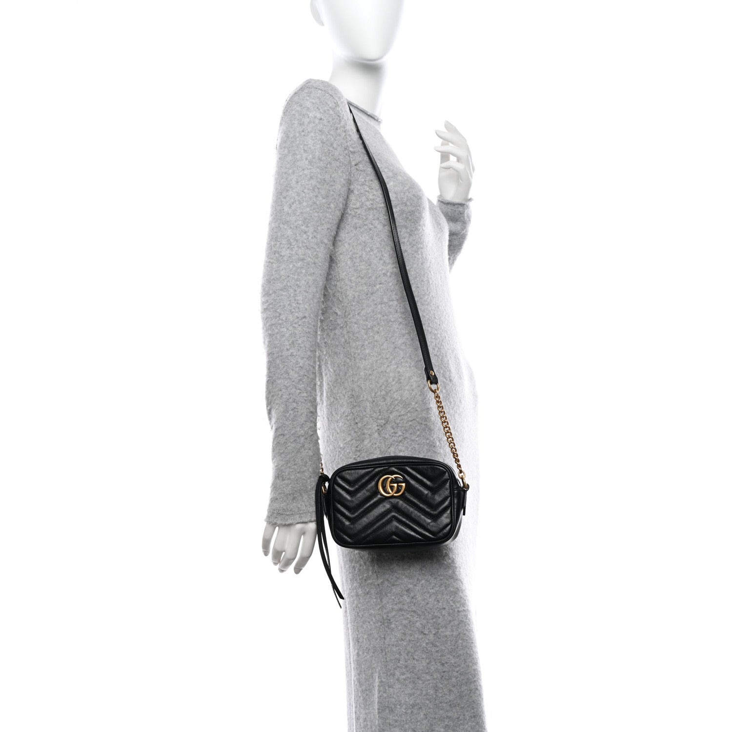 Gucci Calfskin Matelasse Mini GG Marmont Chain Shoulder Bag Black 2 of 11