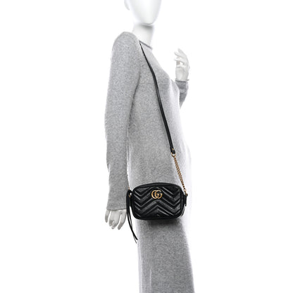 Gucci Calfskin Matelasse Mini GG Marmont Chain Shoulder Bag Black 2 of 11