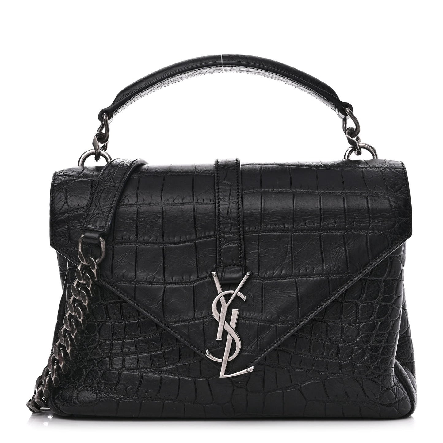 Calfskin Crocodile Embossed College Monogram Satchel Black