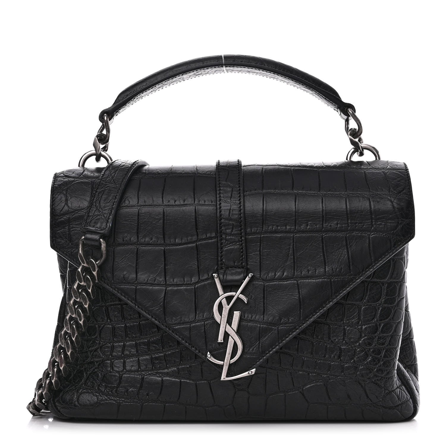 Saint Laurent Calfskin Crocodile Embossed College Monogram Satchel Black 1 of 12