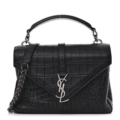 Saint Laurent Calfskin Crocodile Embossed College Monogram Satchel Black 1 of 12