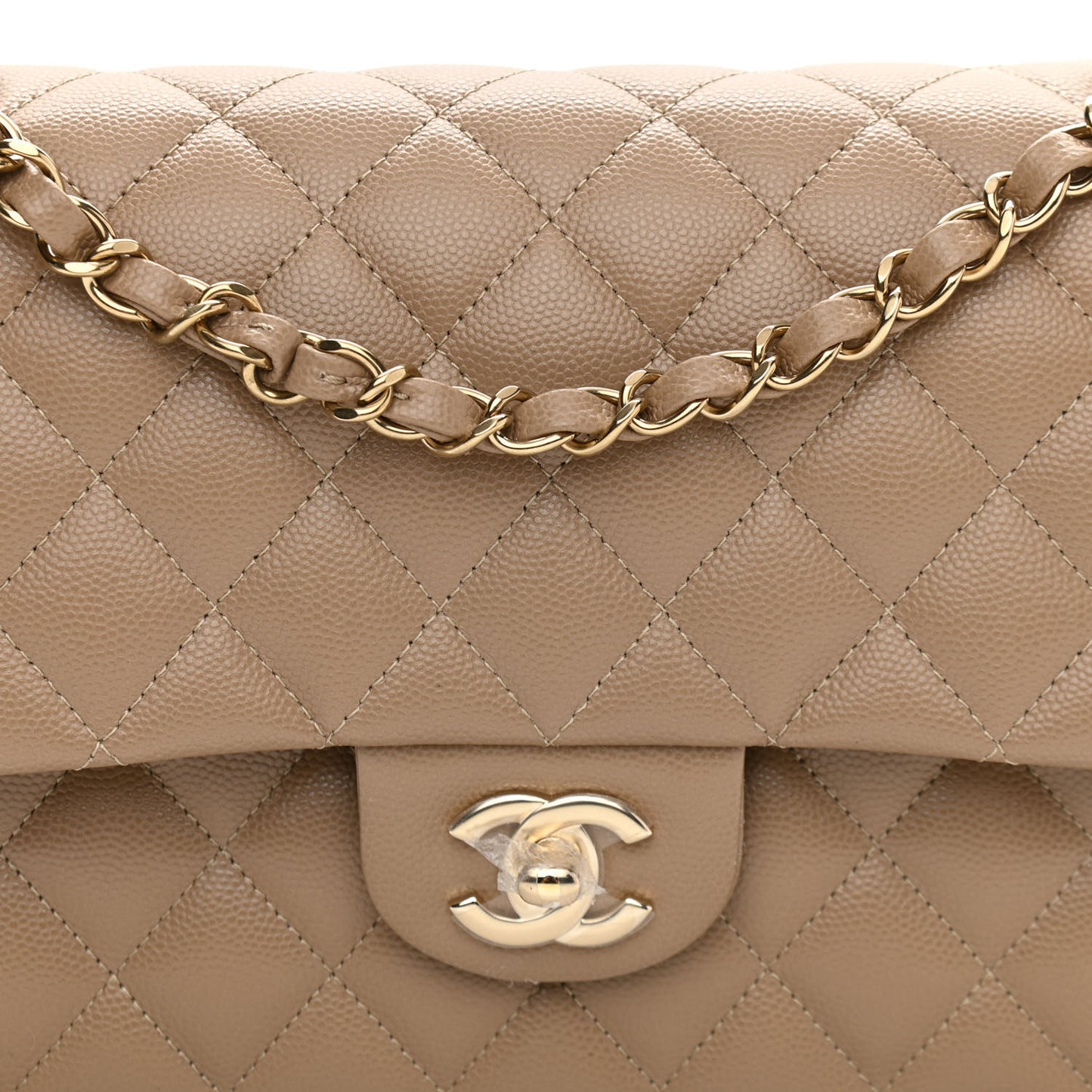 Caviar Quilted Medium Double Flap Beige