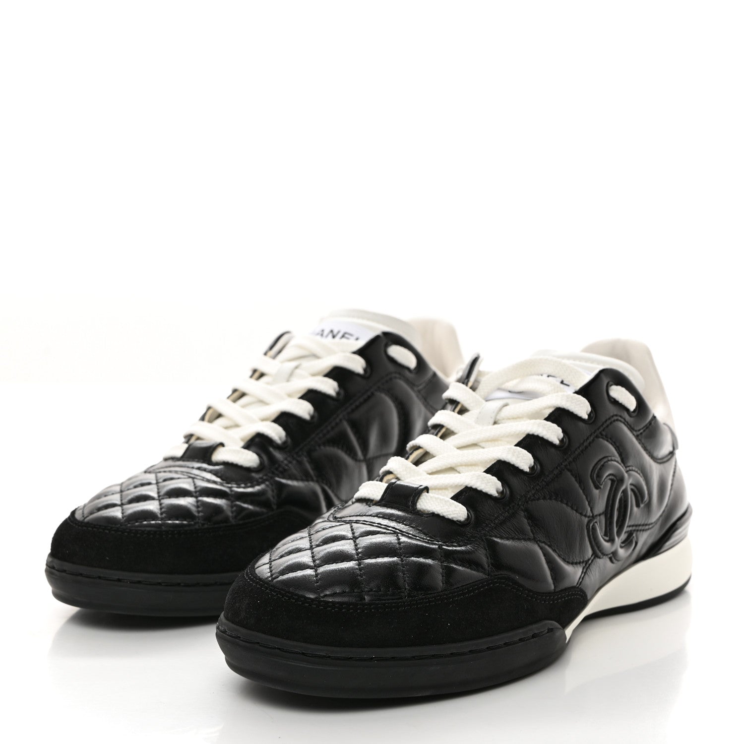 Chanel Calfskin Suede Quilted Womens Logo Sneakers 38 Black White 3 of 10