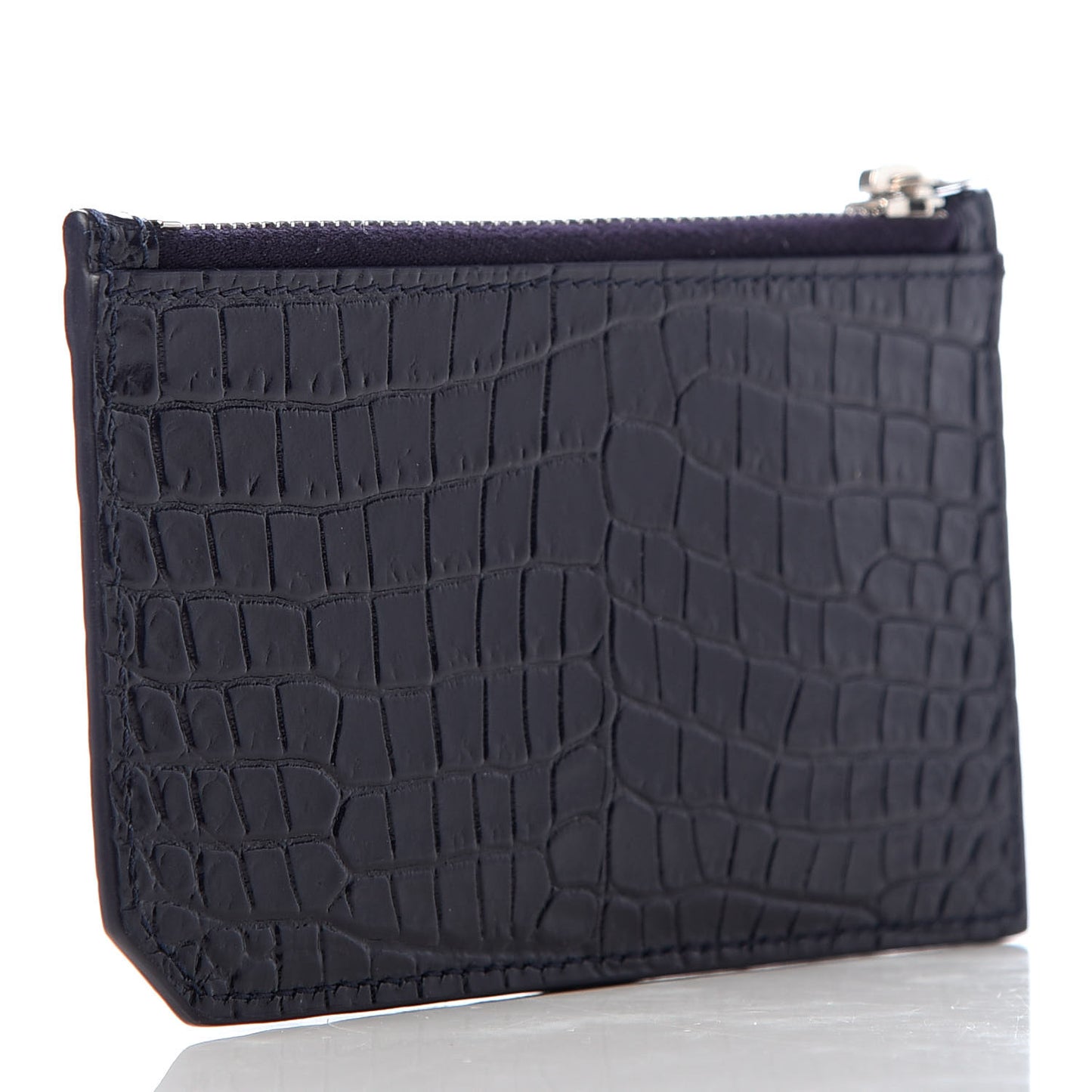 Calfskin Crocodile Embossed 5 Fragments Zip Pouch Card Holder Blue Marine