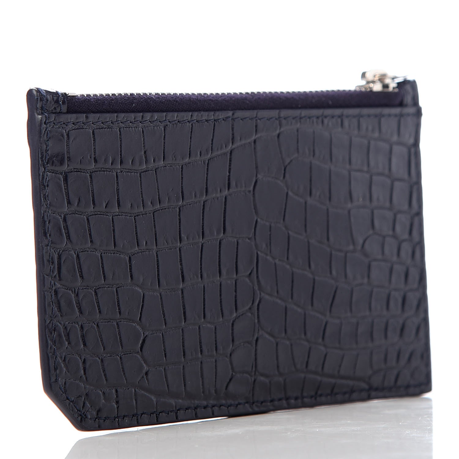 Saint Laurent Calfskin Crocodile Embossed 5 Fragments Zip Pouch Card Holder Blue Marine 3 of 8