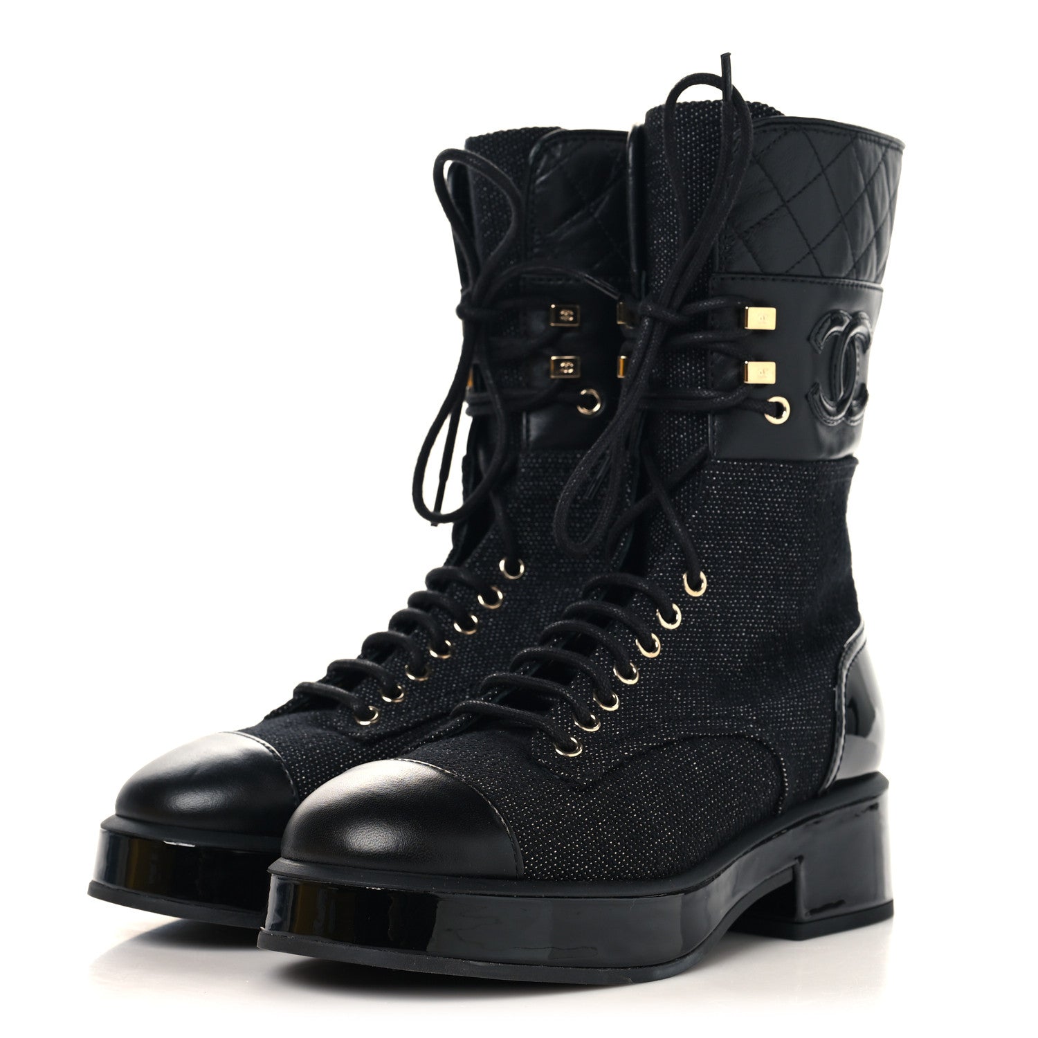 Chanel Fabric Patent Calfskin Lambskin Quilted CC Lace Up Combat Boots 36 Black 3 of 8