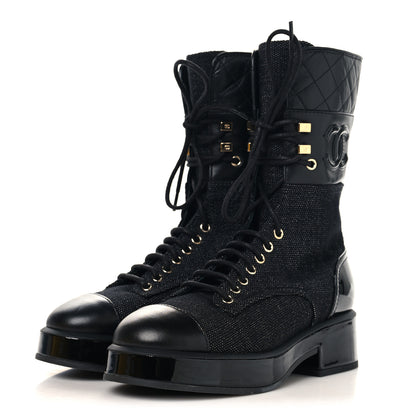 Chanel Fabric Patent Calfskin Lambskin Quilted CC Lace Up Combat Boots 36 Black 3 of 8