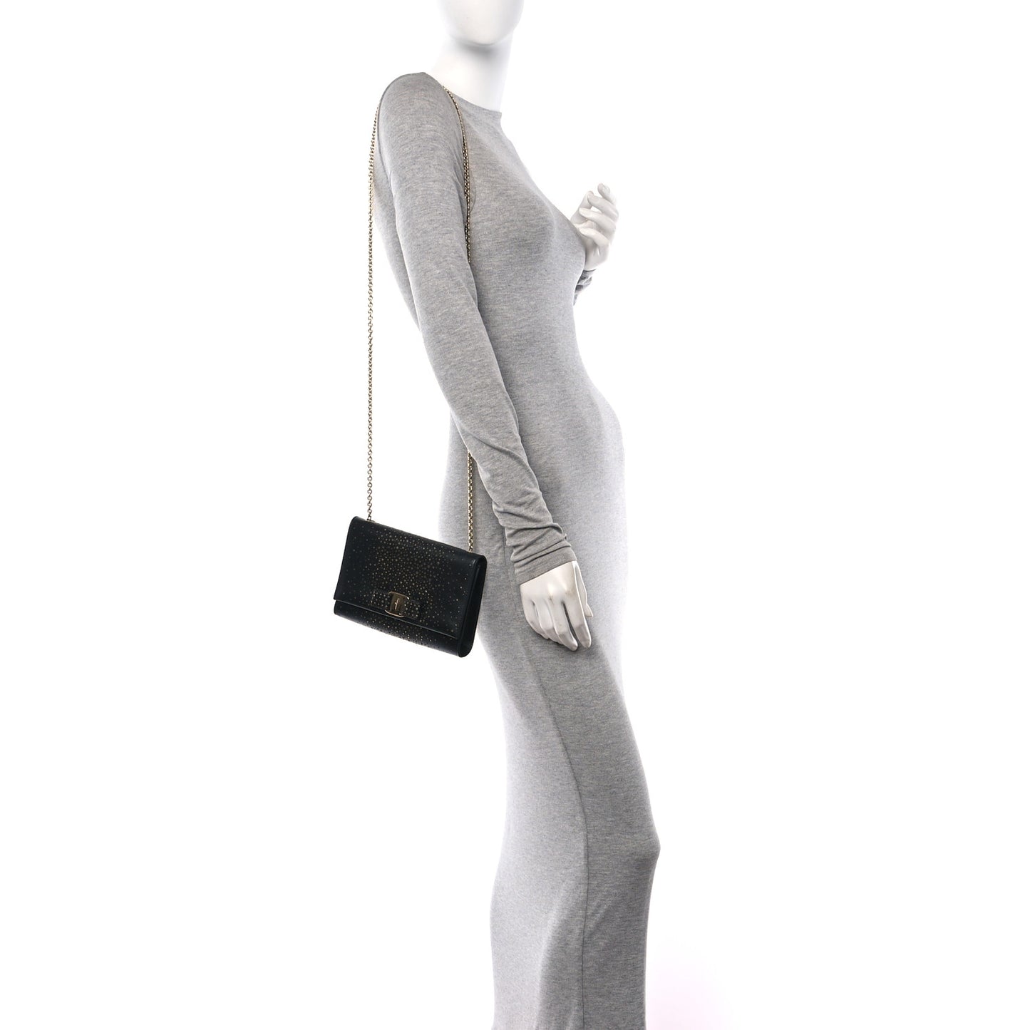 Calfskin Laser Cut Mini Miss Vara Bow Chain Bag Black Gold