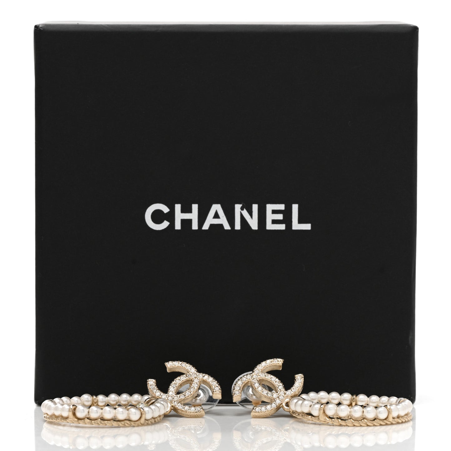 Crystal Pearl Chanel Charms CC Drop Earrings Gold