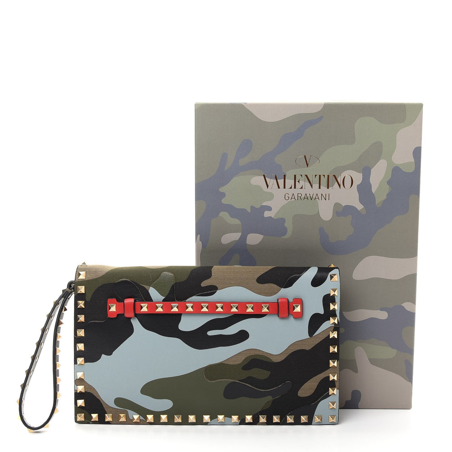 Nappa Canvas Camouflage Rockstud Wristlet Clutch Multicolor
