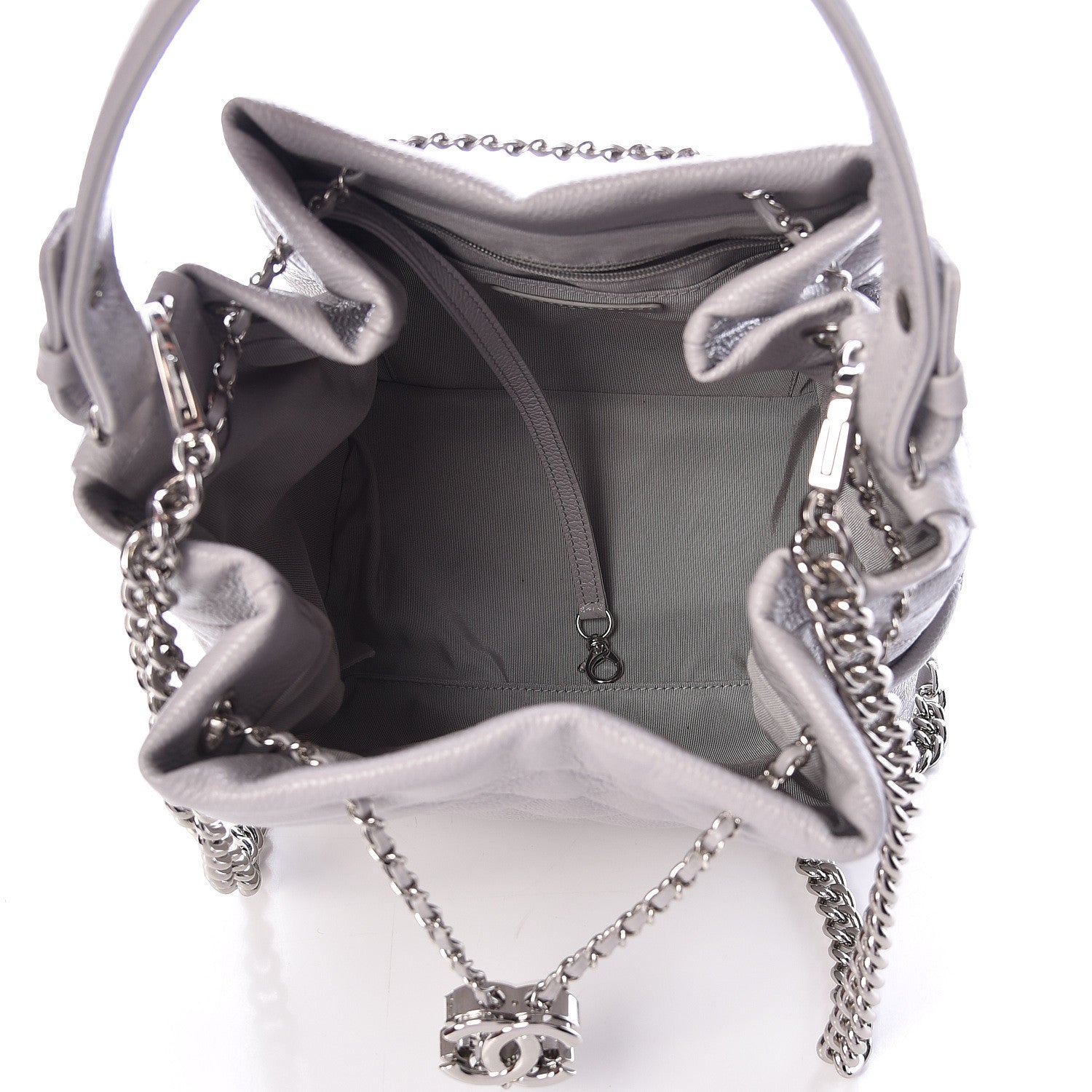 Chanel Grained Calfskin Quilted Medium CC Chain Bucket Drawstring Bag Light Grey 5 of 10