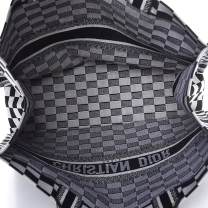 Christian Dior Canvas Embroidered Checkered Book Tote Black White 5 of 10