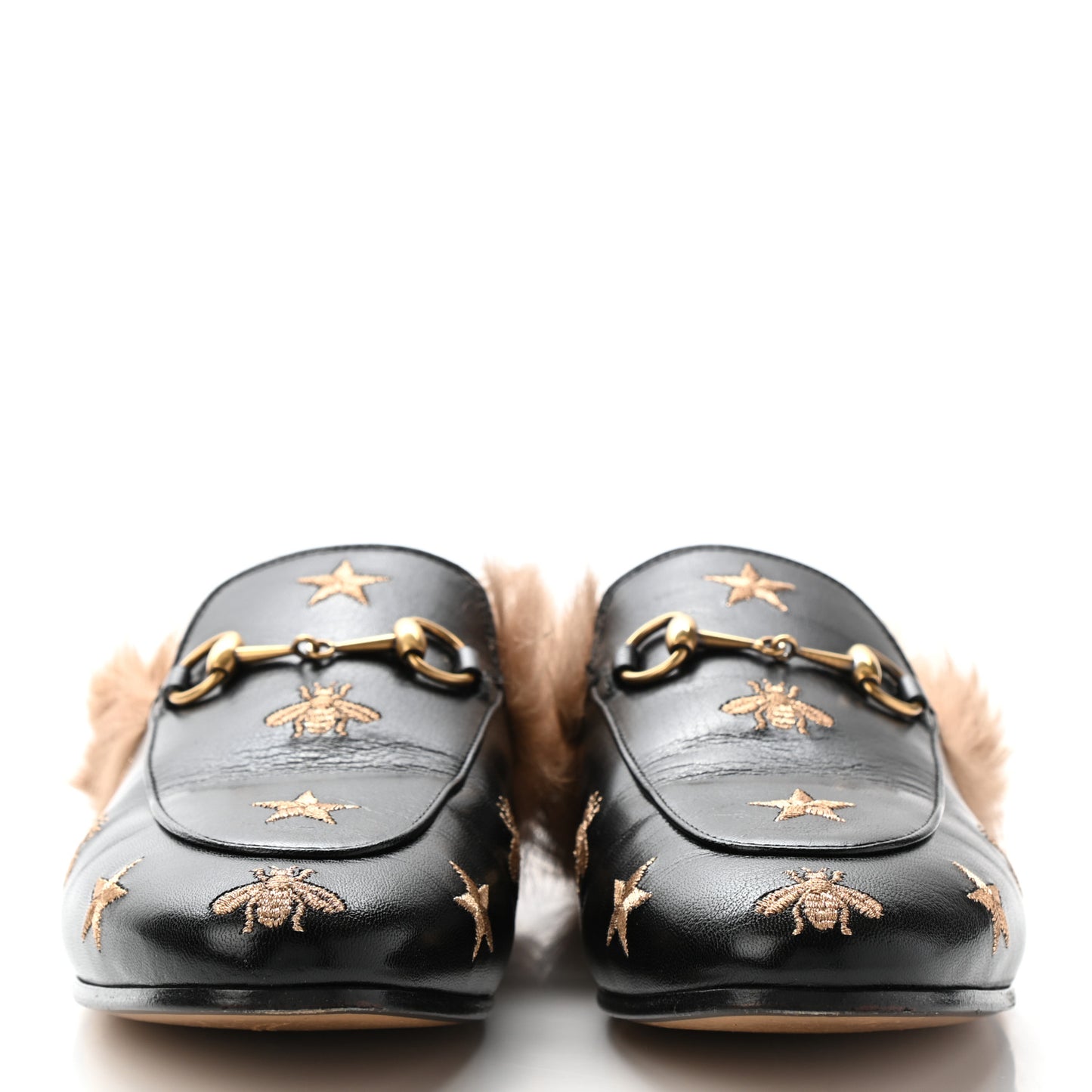 Goatskin Fur Bee Star Embroidered Womens Princetown Slippers 38.5 Black