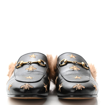 Gucci Goatskin Fur Bee Star Embroidered Womens Princetown Slippers 38.5 Black 2 of 10