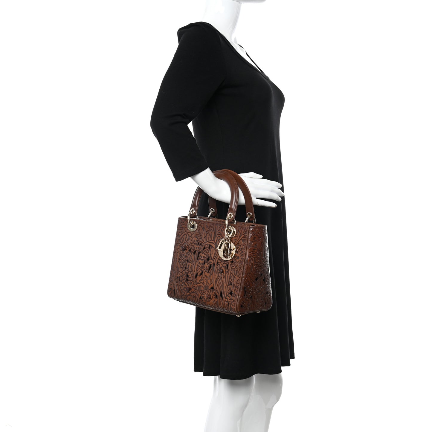 Calfskin Laser Cut Medium Lady Dior Brown