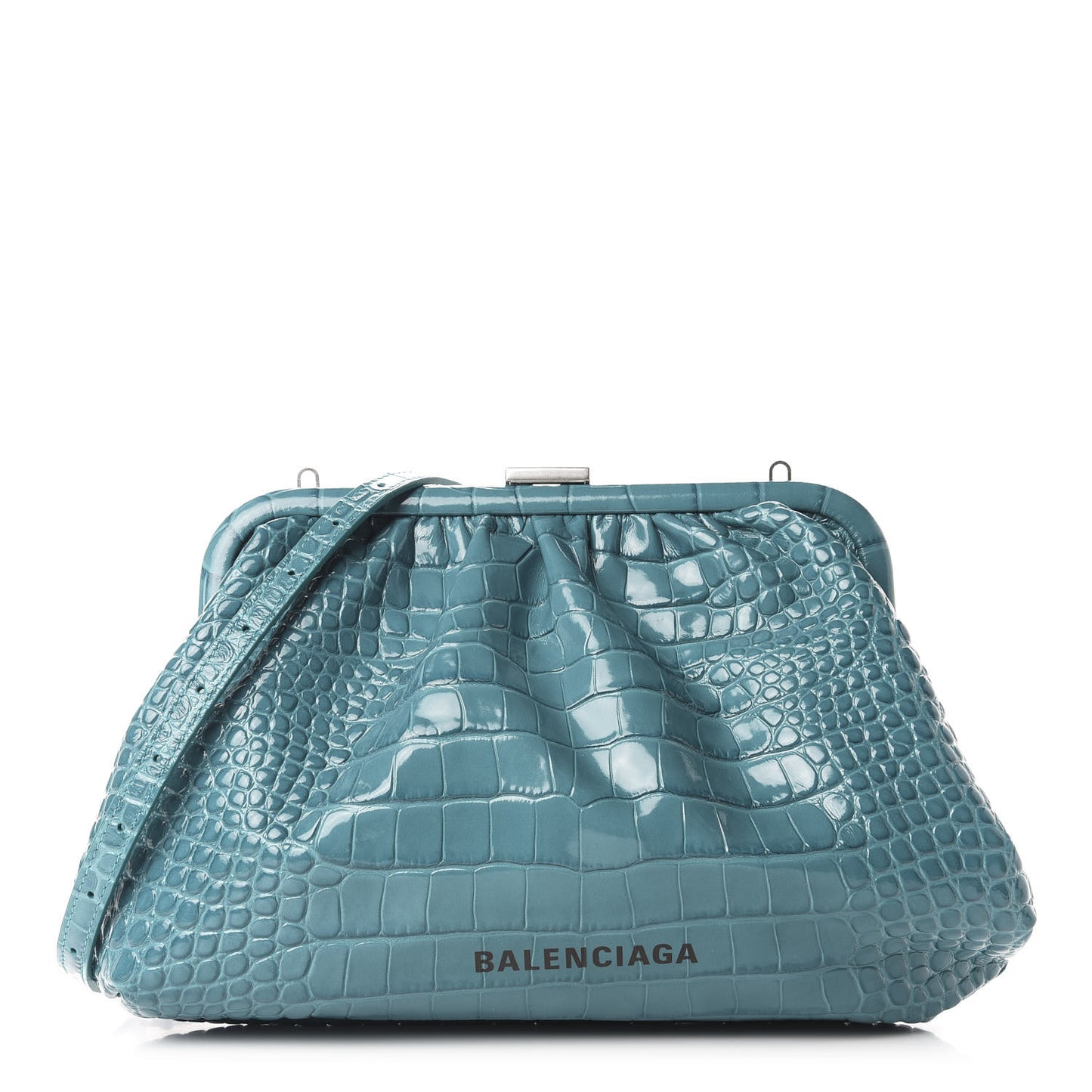Shiny Supple Calfskin Logo Crocodile Embossed Cloud Crossbody Bag Jade Black