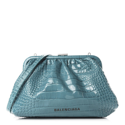 Balenciaga Shiny Supple Calfskin Logo Crocodile Embossed Cloud Crossbody Bag Jade Black 1 of 10