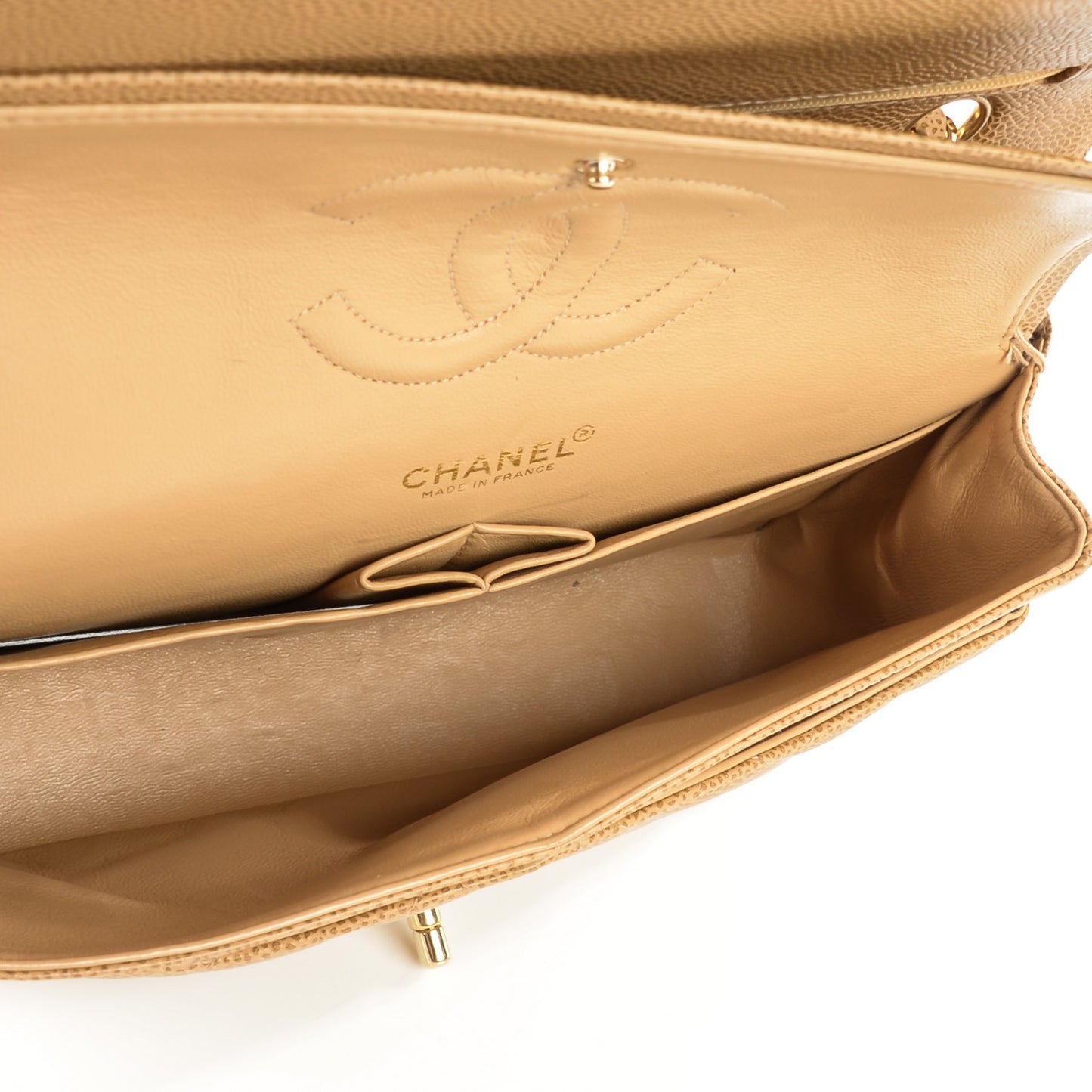 Caviar Quilted Medium Double Flap Beige
