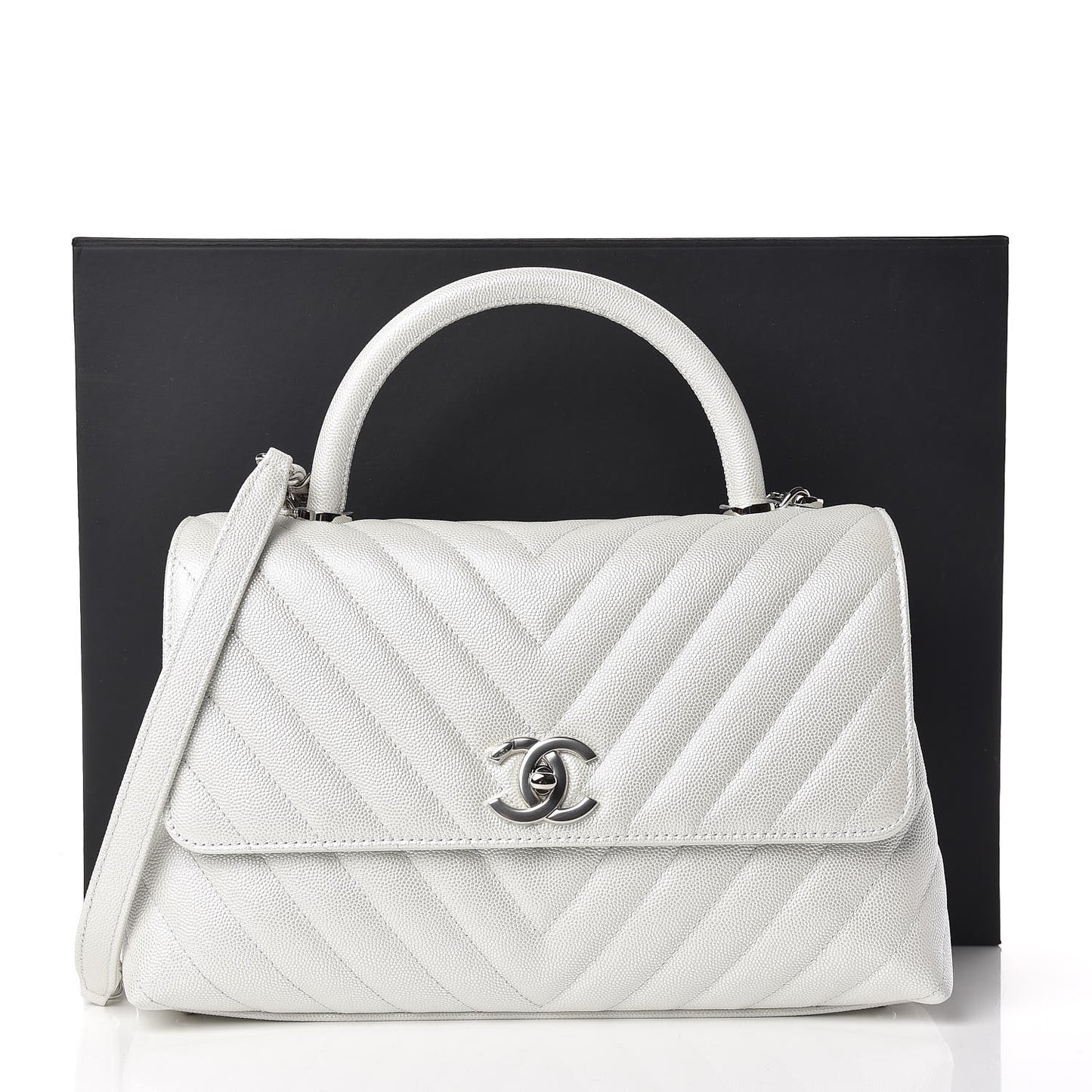Iridescent Caviar Chevron Quilted Small Coco Handle Flap White