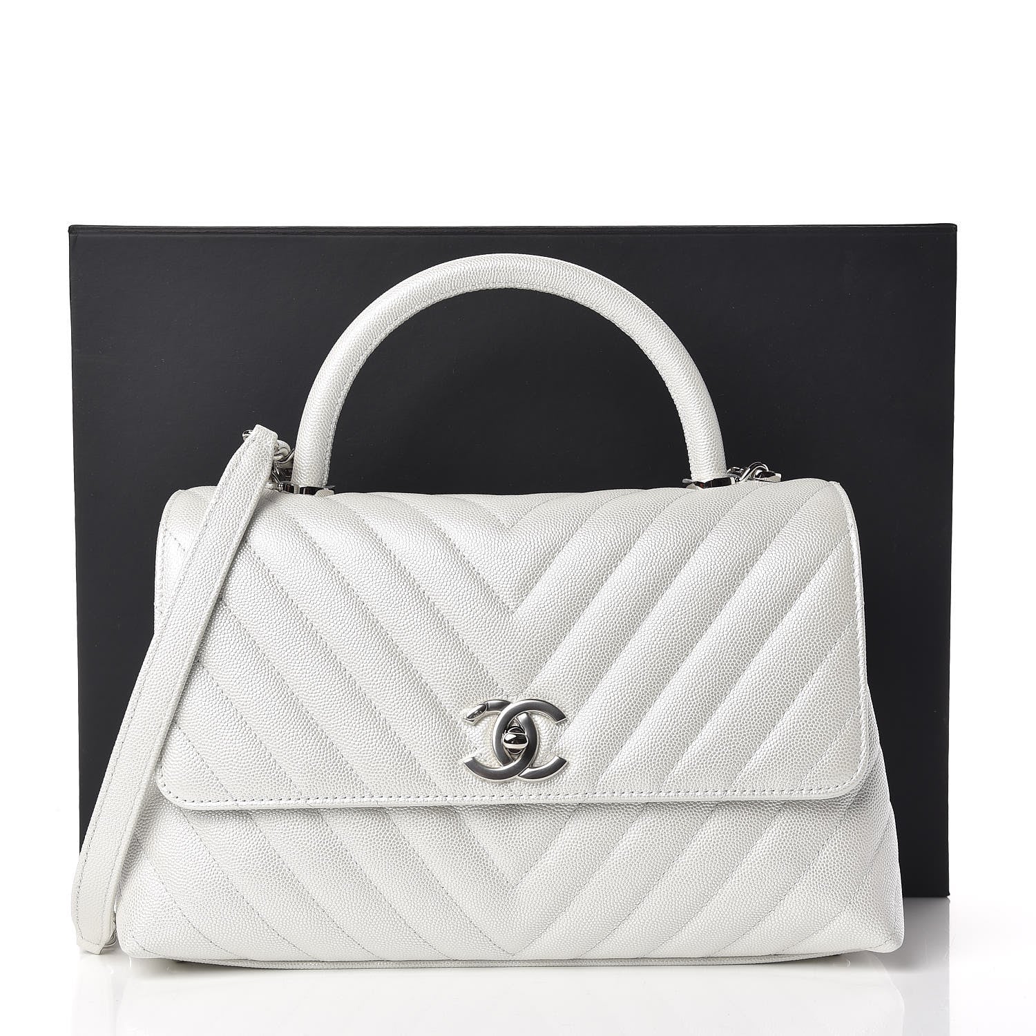 Chanel Iridescent Caviar Chevron Quilted Small Coco Handle Flap White 11 of 11