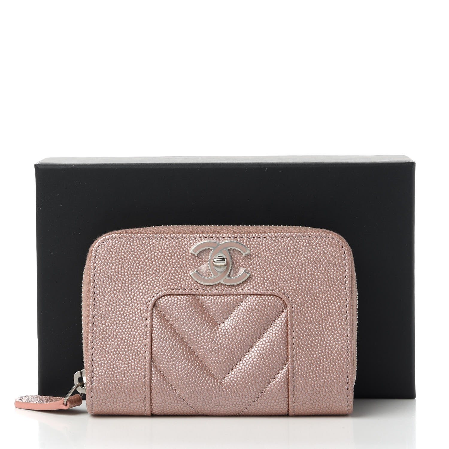 Chanel Metallic Caviar Chevron Quilted Vintage Mademoiselle Zip Coin Purse Pink 11 of 12