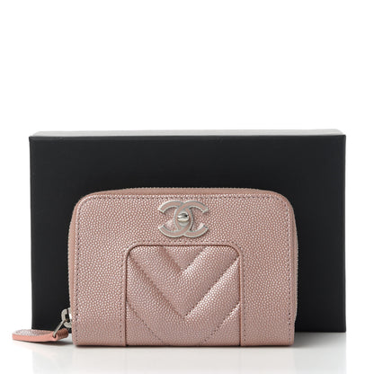 Chanel Metallic Caviar Chevron Quilted Vintage Mademoiselle Zip Coin Purse Pink 11 of 12