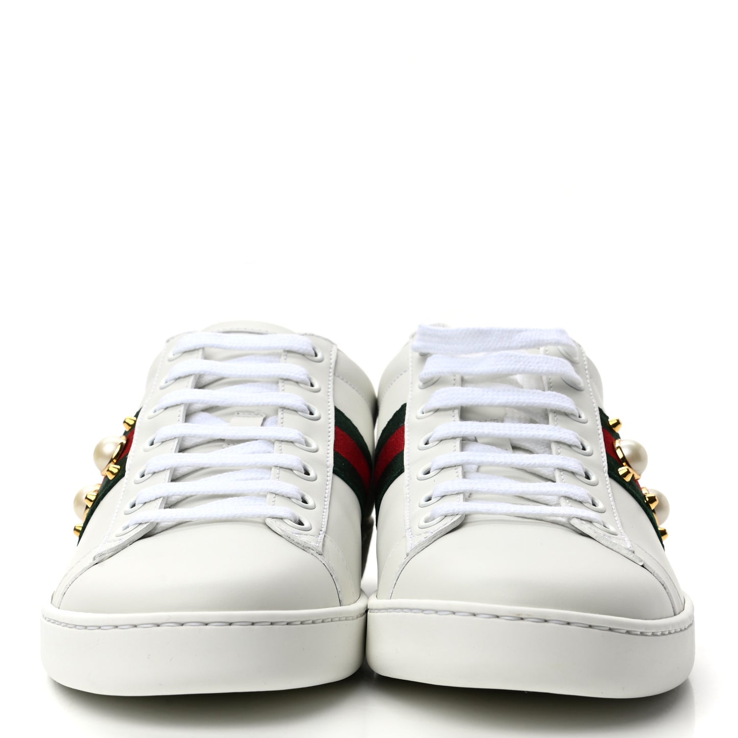 Calfskin Web Pearl Studded Womens Ace Sneakers 39.5 White