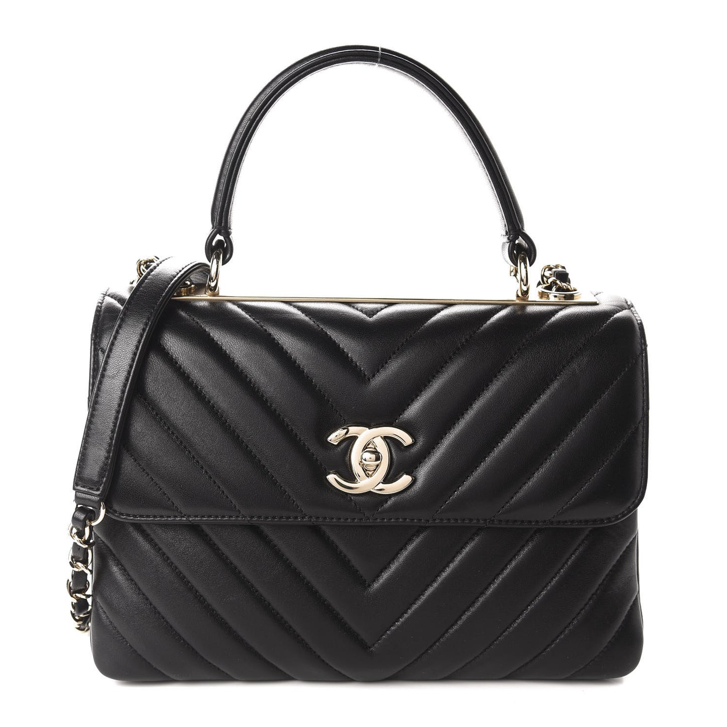 Lambskin Chevron Quilted Small Trendy CC Dual Handle Flap Bag Black
