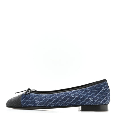 Chanel Denim Printed Quilt CC Cap Toe Ballerina Flats 37 Navy Blue Dark Grey 1 of 9