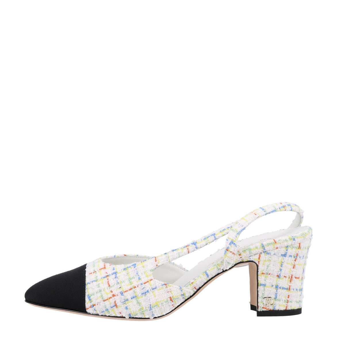 Chanel Tweed Grosgrain Cap Toe CC Slingback Pumps 40 White Multicolor 1 of 11