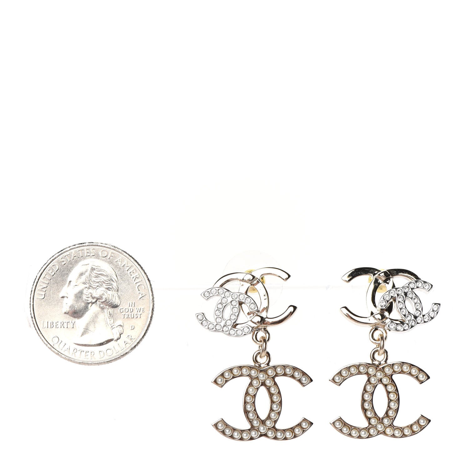 Chanel Crystal Pearl Double CC Drop Earrings Gold Silver 2 of 4