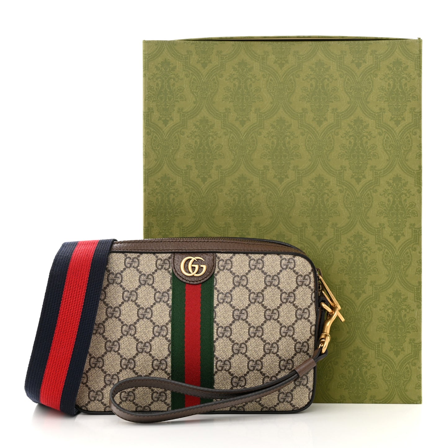 GG Supreme Monogram Textured Dollar Calfskin Web Ophidia Wristlet Shoulder Bag Beige Ebony New Acero