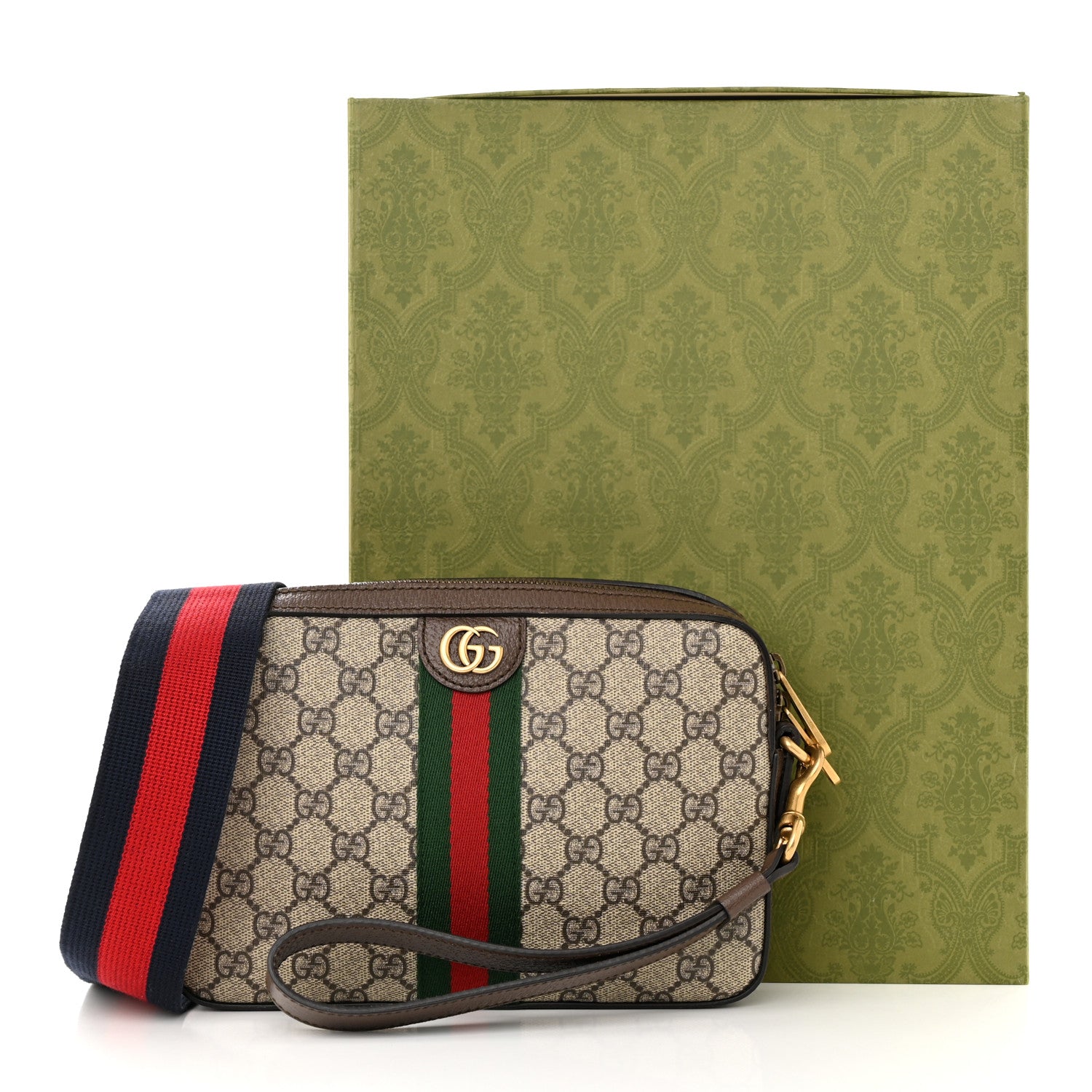 Gucci GG Supreme Monogram Textured Dollar Calfskin Web Ophidia Wristlet Shoulder Bag Beige Ebony New Acero 11 of 11