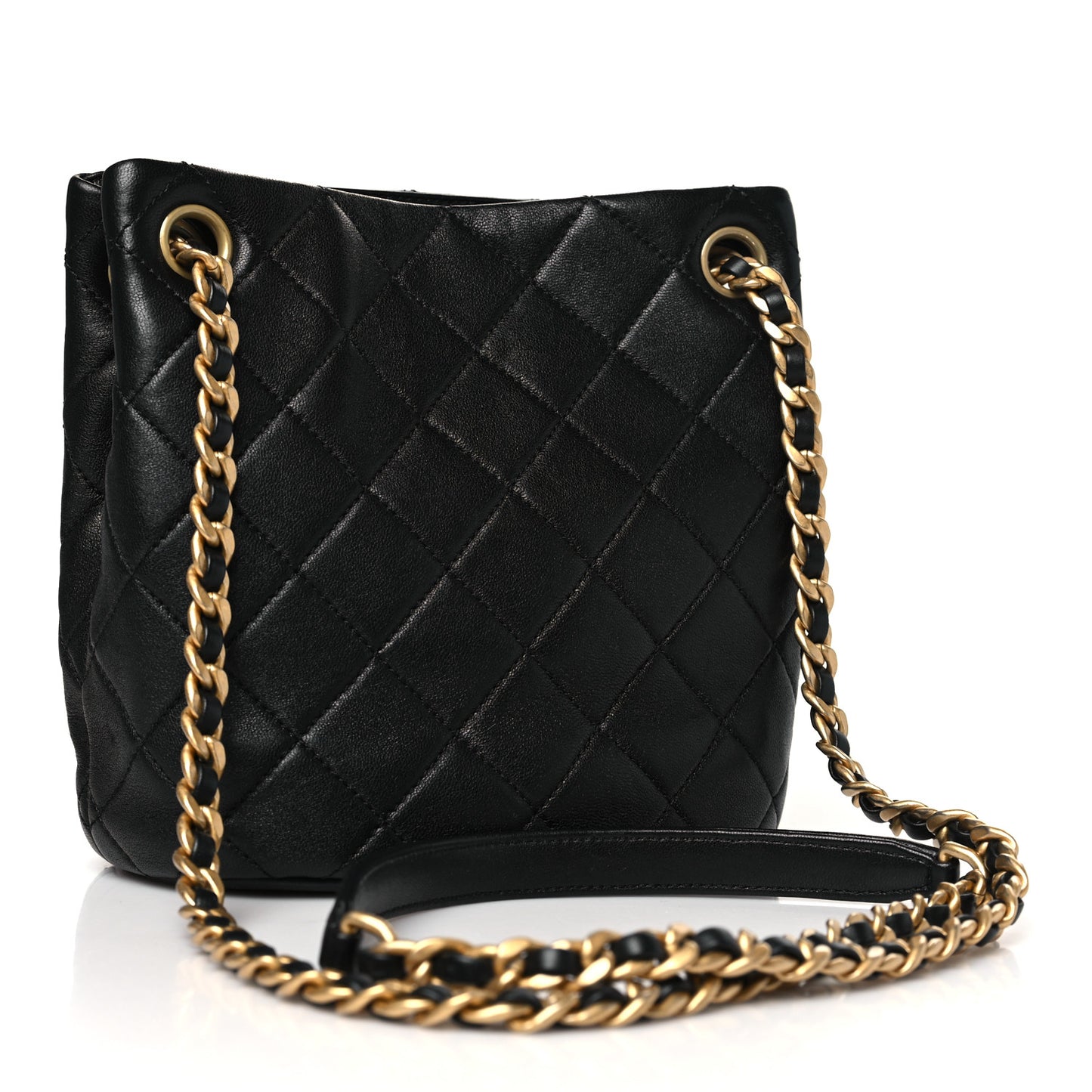Lambskin Quilted Chaine Lettre Small Bucket Bag Black
