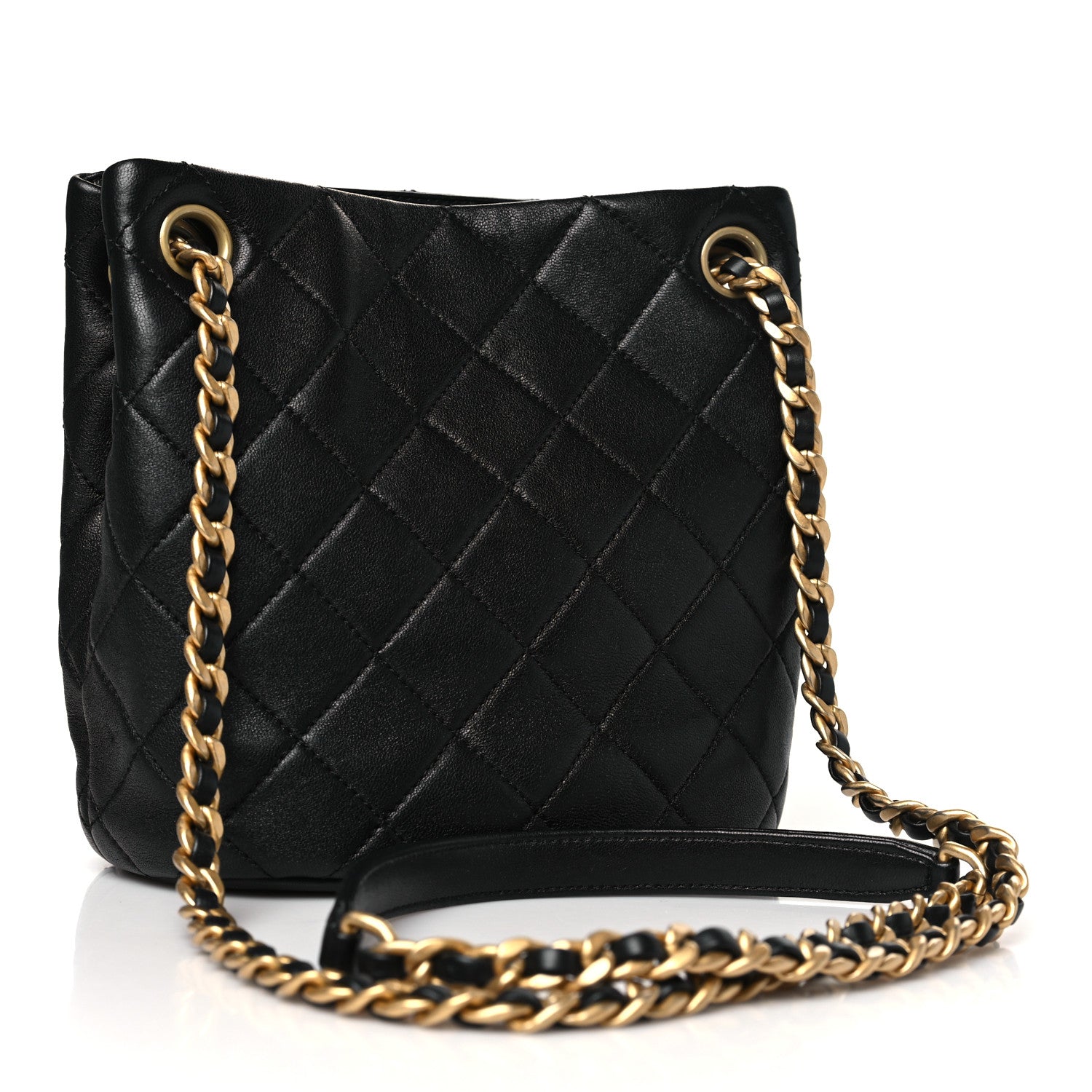 Chanel Lambskin Quilted Chaine Lettre Small Bucket Bag Black 3 of 10