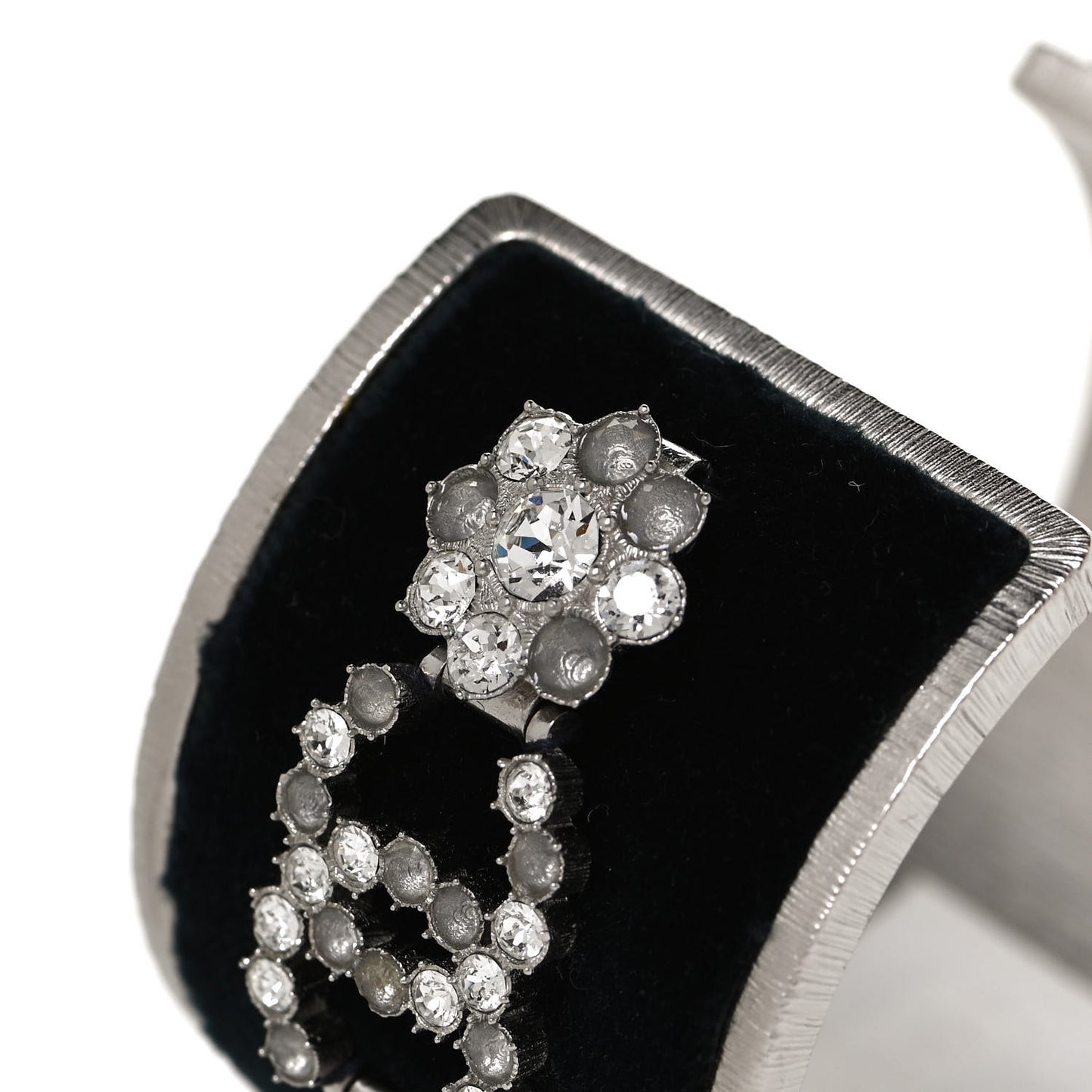 Metal Velvet Crystal CC Flower Cuff Bracelet Silver Black