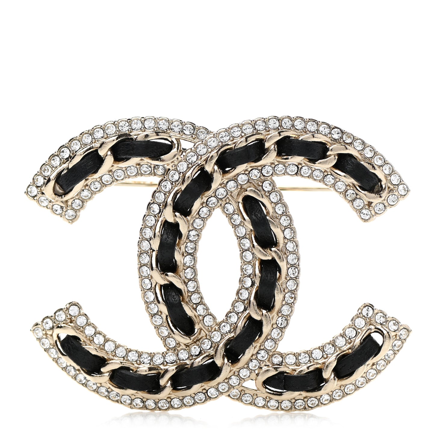 Lambskin Crystal CC Chain Brooch Black Gold