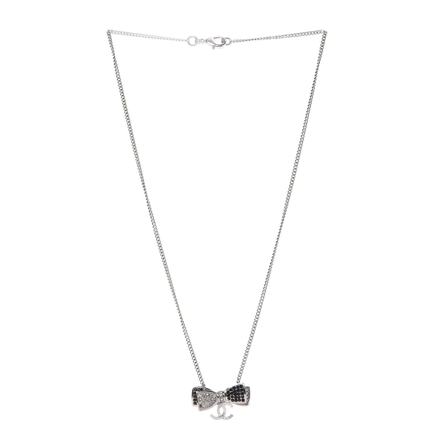 Crystal CC Bow Necklace Silver Black