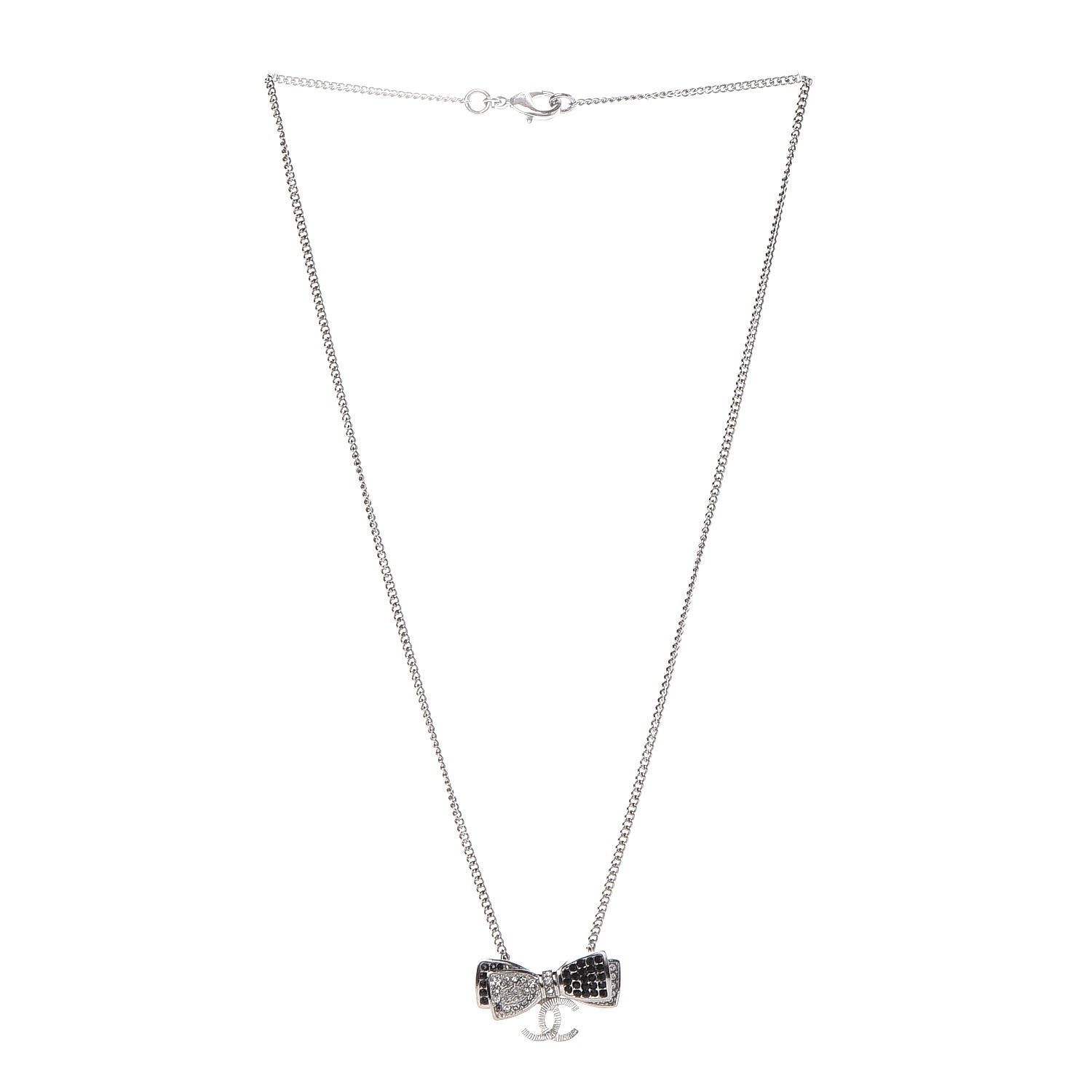 Chanel Crystal CC Bow Necklace Silver Black 3 of 7