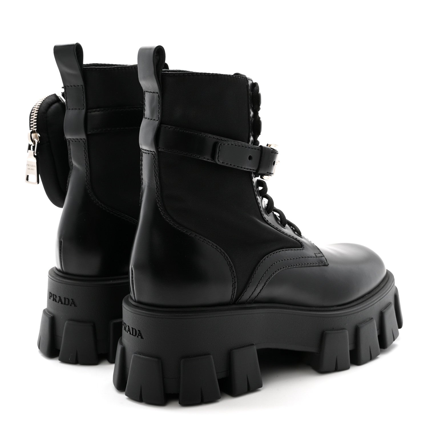 Prada Spazzolato Rois Nylon Metal Triangle Logo Monolith Pouch Pocket 55mm Boots 37 Black 5 of 10