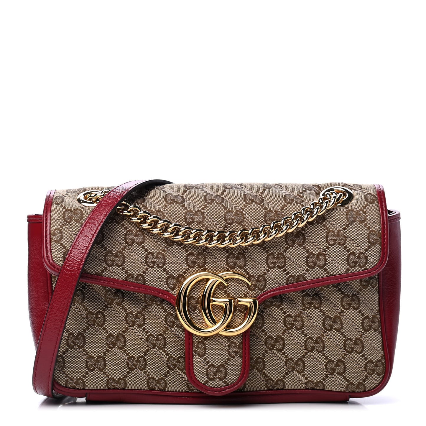 Monogram Azalea Calfskin Matelasse Diagonal Small GG Marmont Shoulder Bag Beige Ebony New Cherry Red