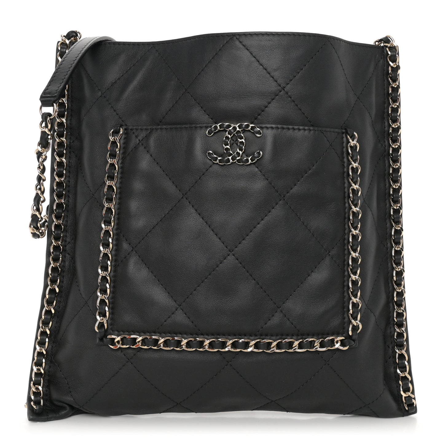 Calfskin Quilted Chain Flat Tote Black