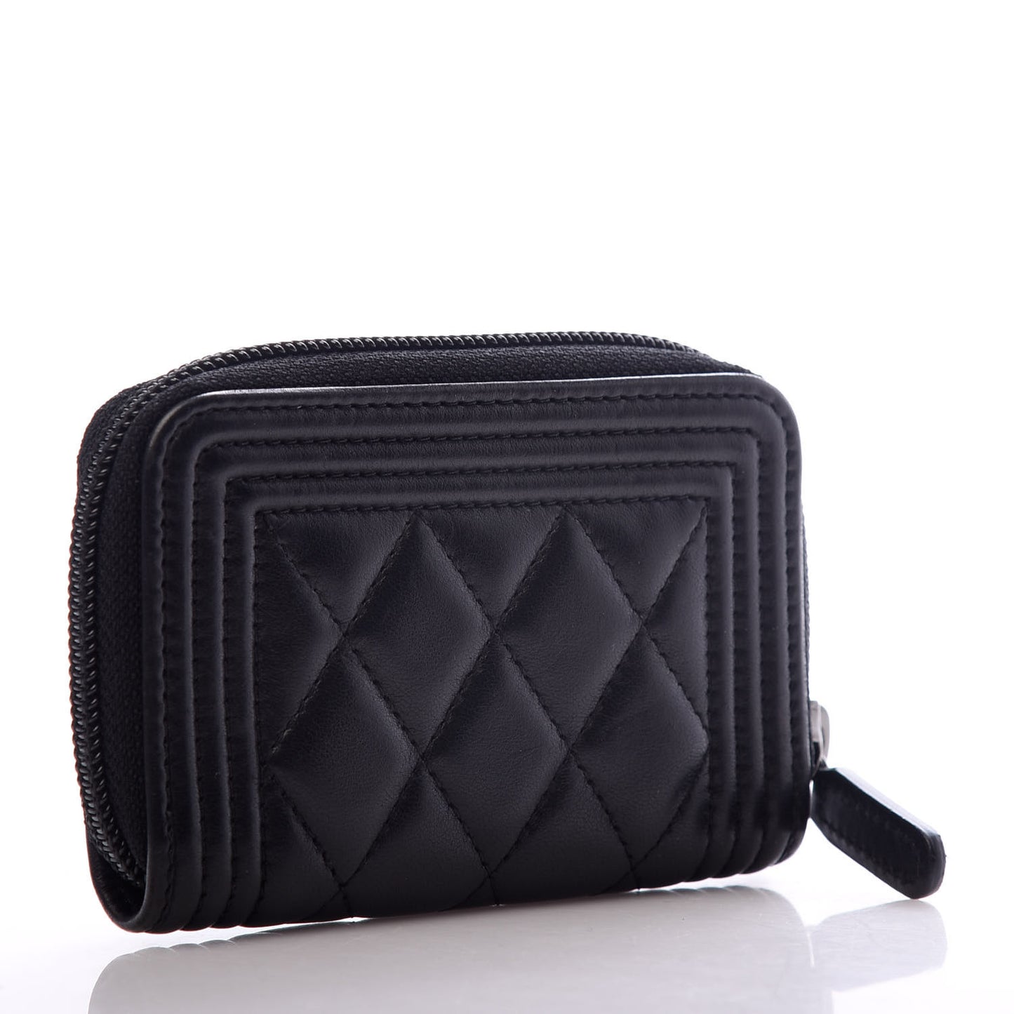 Lambskin Quilted Zip Around Boy Coin Purse Wallet Black