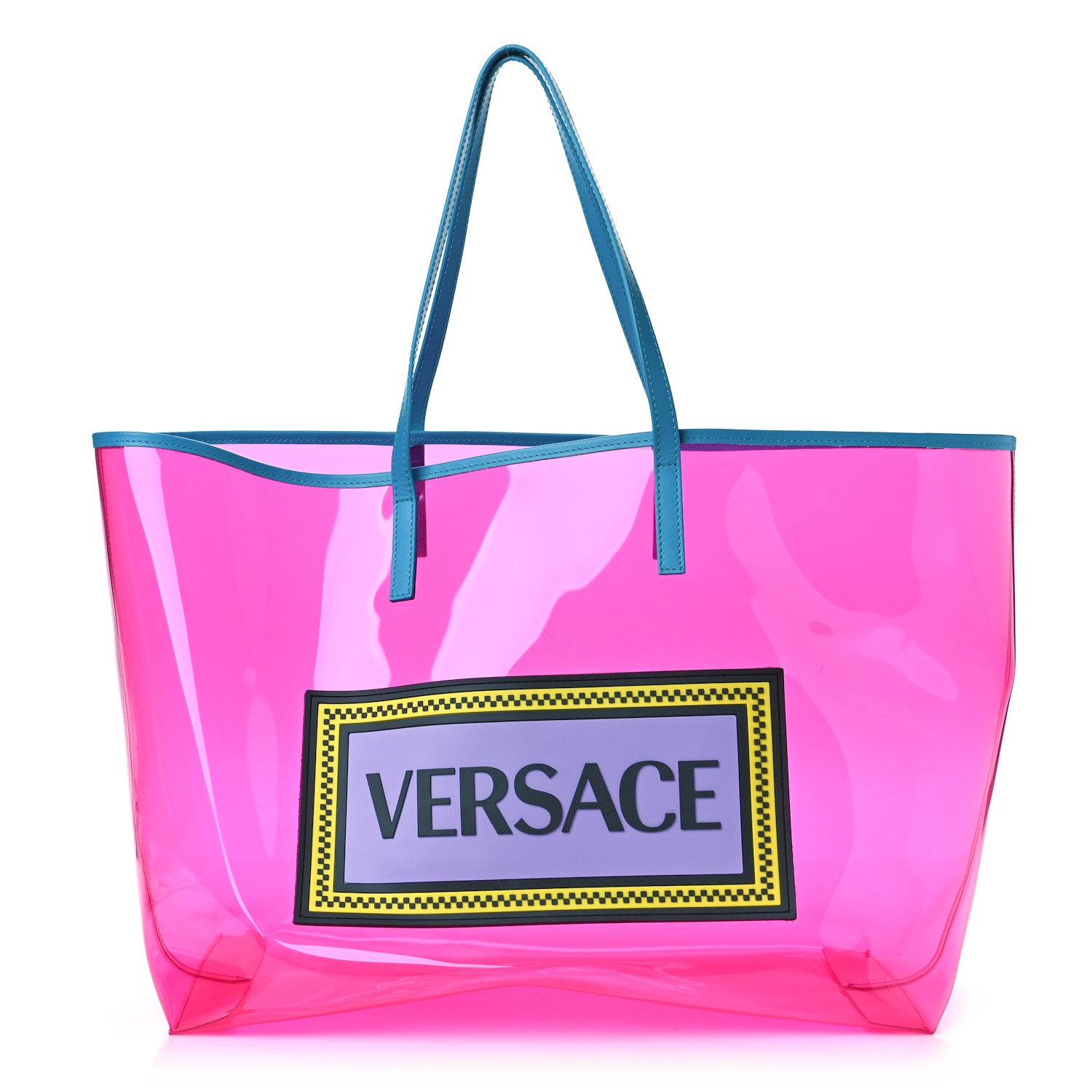 Versace Vinyl Calfskin 90s Logo Tote Pink Blue 3 of 10