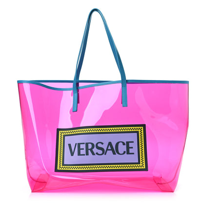 Versace Vinyl Calfskin 90s Logo Tote Pink Blue 3 of 10